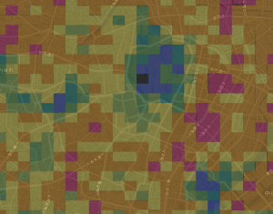 人の密集度をメッシュごとに色を変えて可視化