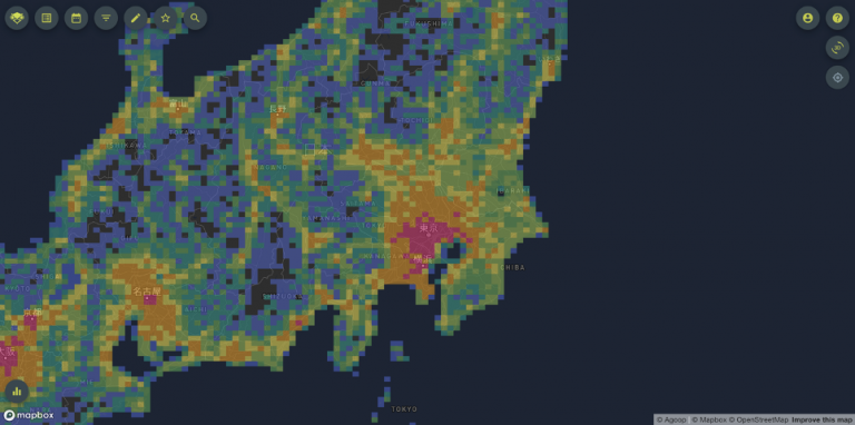 メッシュごとに統計化した換算人口データのイメージ画面