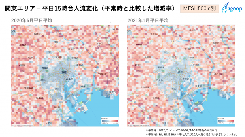 関東エリア ‒ 平日15時台人流変化(平常時と比較した増減率)