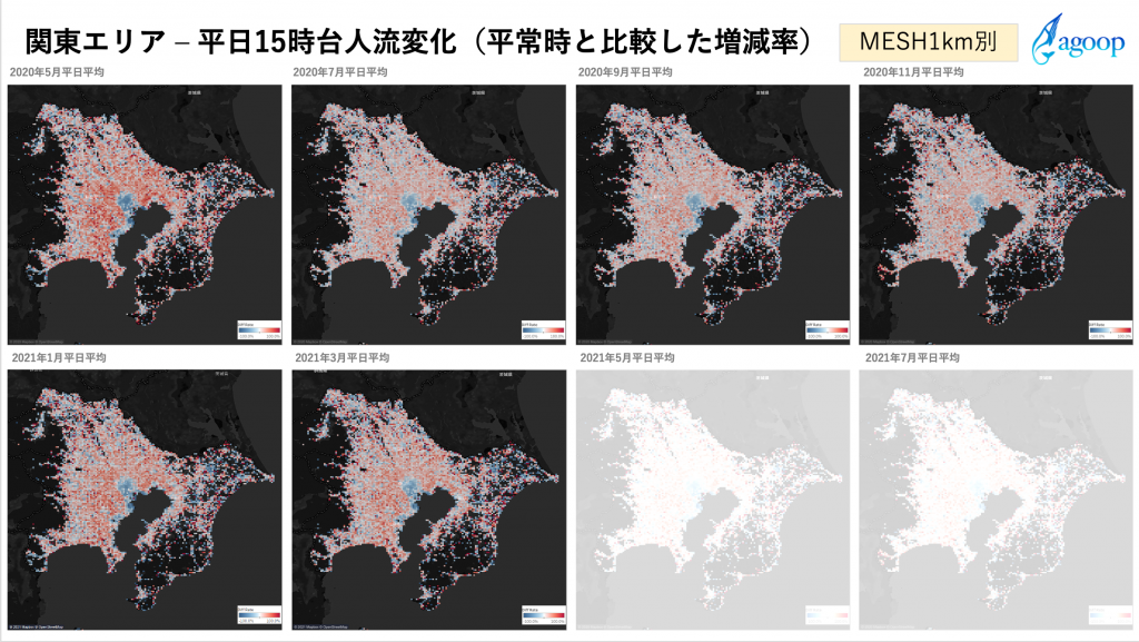 関東エリア ‒ 平日15時台人流変化(平常時と比較した増減率)