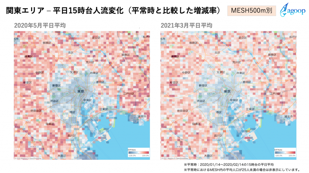 関東エリア ‒ 平日15時台人流変化(平常時と比較した増減率)